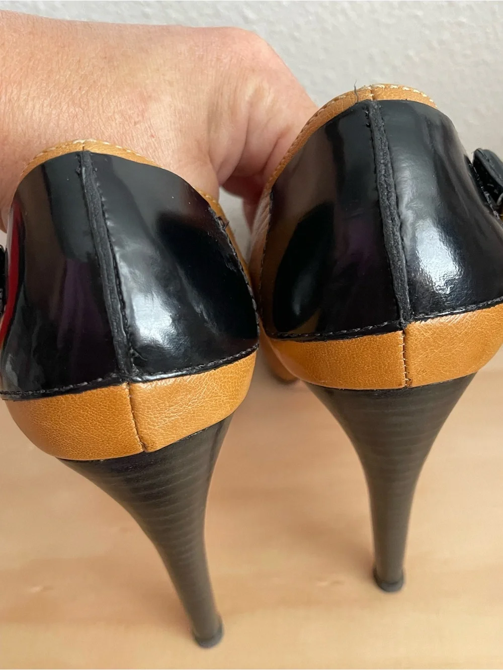 L.A.M.B. Tan and Black Patent Cap-Toe Stiletto Pumps